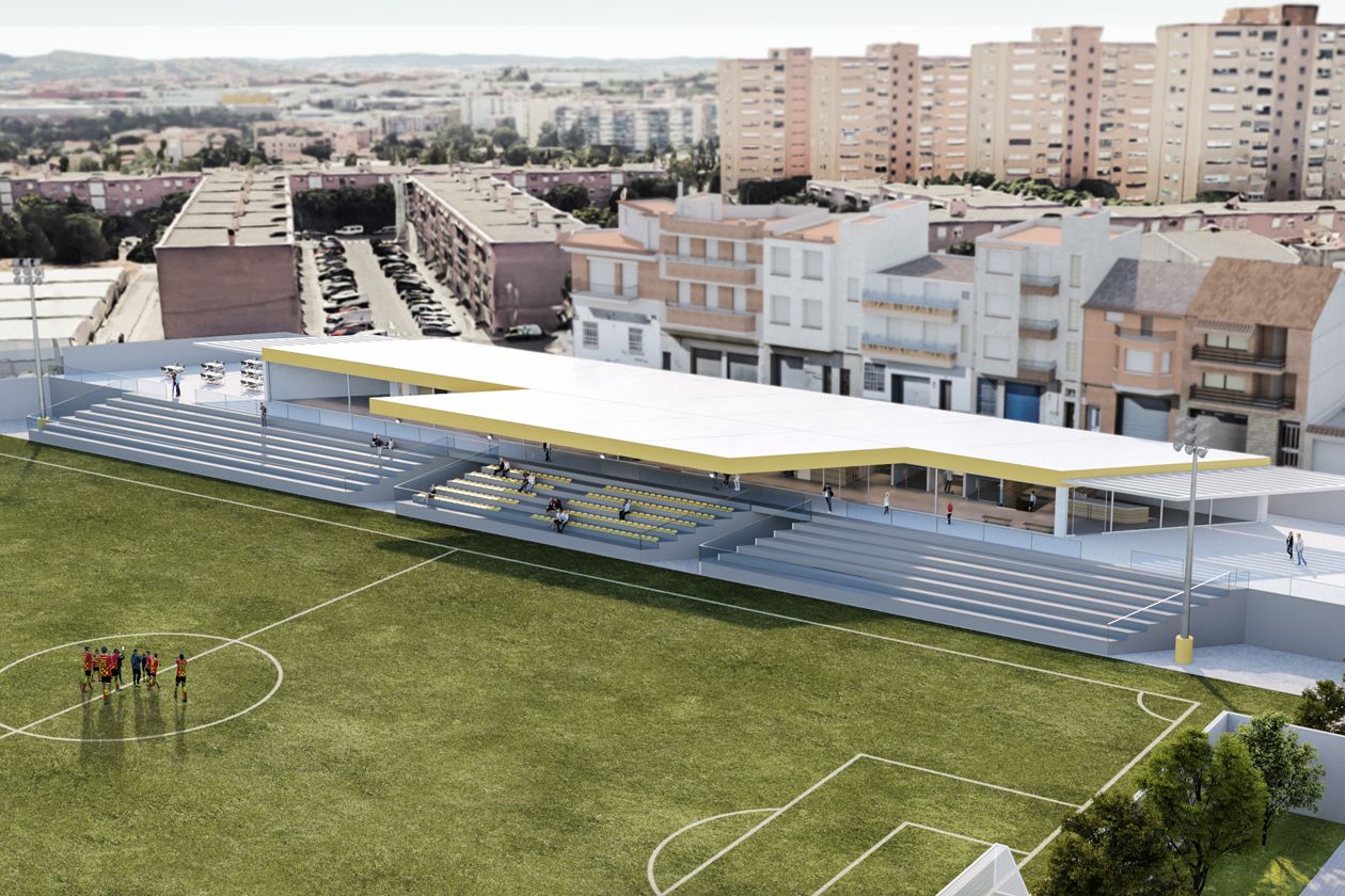 Imatge virtual del nou edifici de serveis del camp de futbol del 25 de Setembre. FOTO: Ajuntament de Rubí