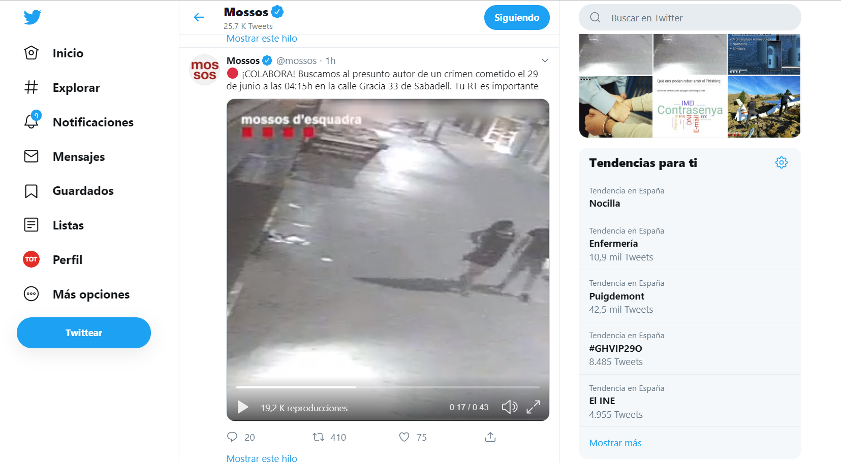 Twitter dels Mossos d'Esquadra on apareix el vídeo gravat per les càmeres de seguretat. FOTO: Mossos d'Esquadra