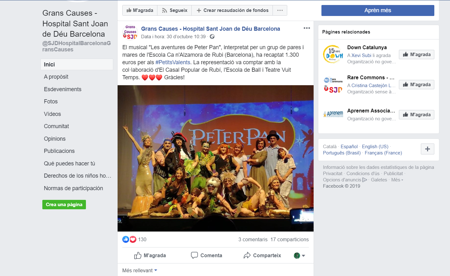 Facebook de Grans Causes de l'Hospital Sant Joan de Déu de Barcelona