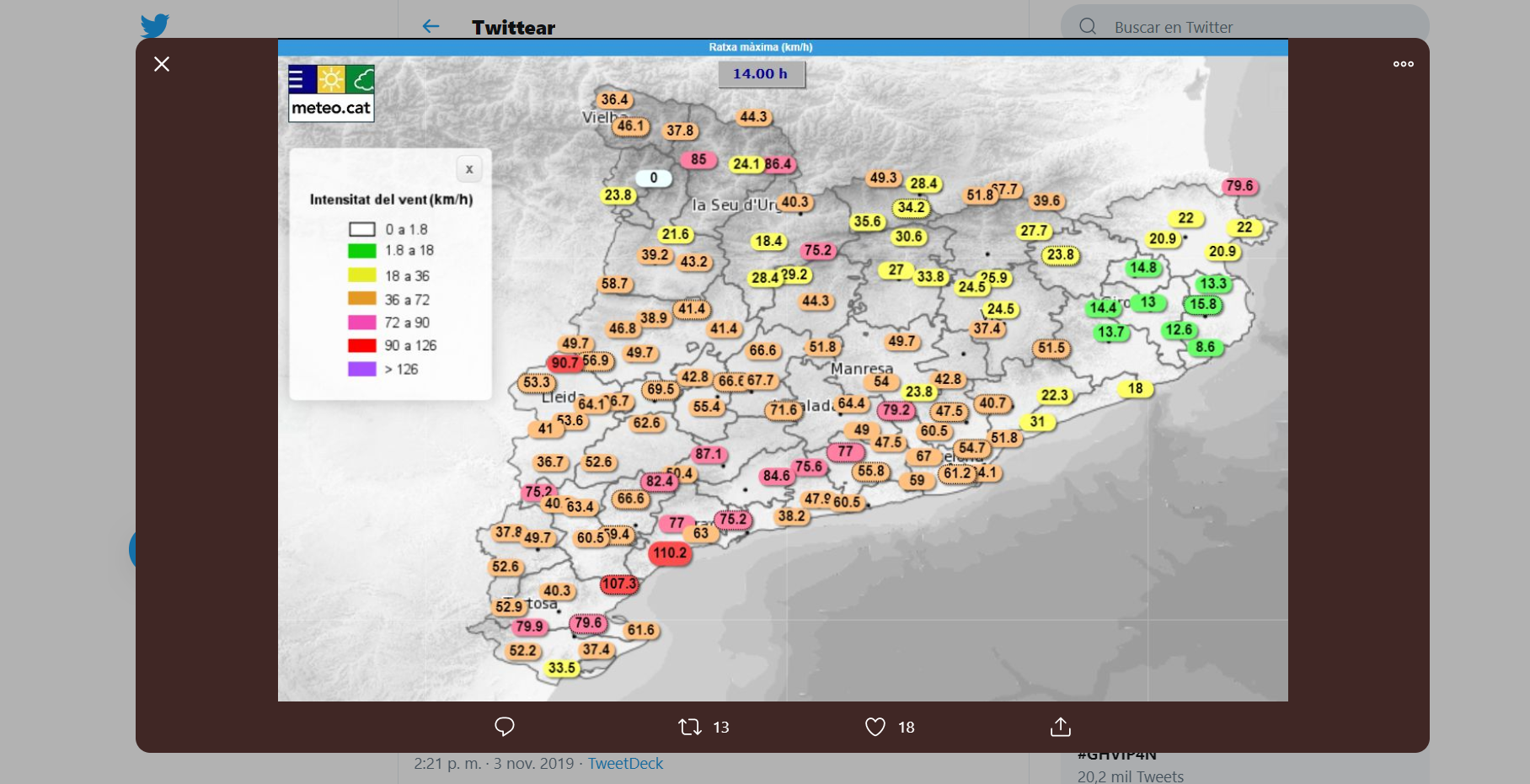 Registre de les ratxes de vent pel Servei Metereològic de Catalunya ahir a les 14 h. FOTO: Twitter oficial