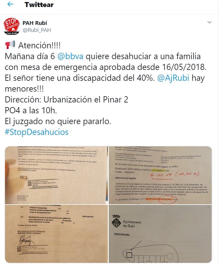 La PAH de Rubí mostra la documentació relativa a la discapacitat de dos membres de la família i l'ordre de desnonament. FONT: Compte de Twitter de la PAH