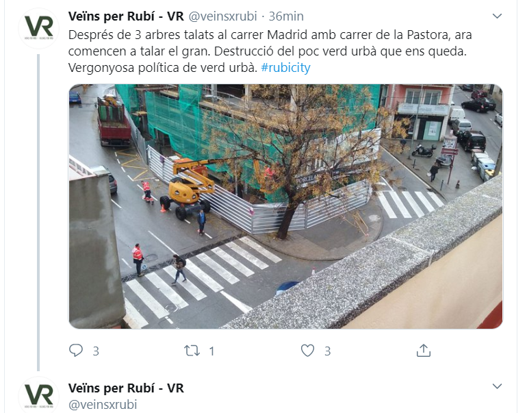 El grup municipal ha informat de la tala d'arbres en el seu compte de Twitter. El grup municipal ha informat de la tala d'arbres en el seu compte de Twitter.