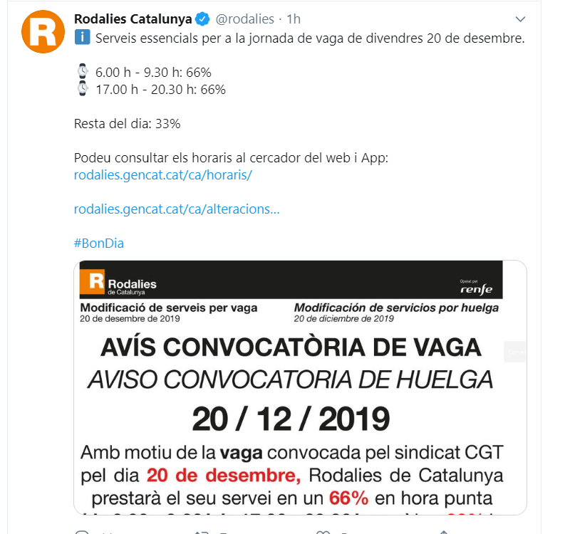 Twitter de Rodalies amb la informació de la vaga i els serveis mínims