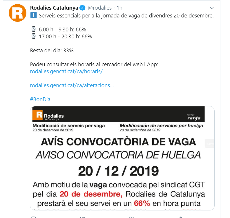 Twitter de Rodalies amb la informació de la vaga i els serveis mínims Twitter de Rodalies amb la informació de la vaga i els serveis mínims