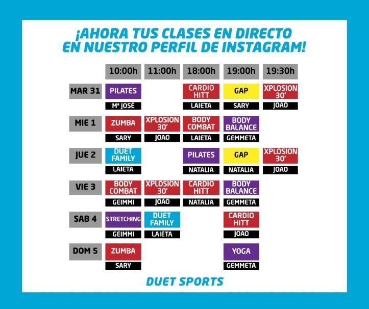 Horari d'activitats virtuals en directe del Duet Sports. FOTO: @duetsports