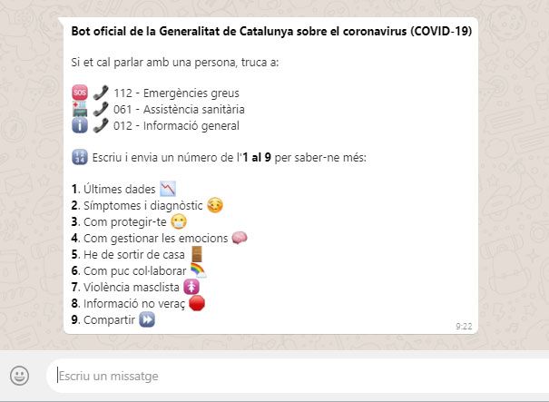 La Generalitat estrena un bot a Whatsapp amb informació sobre el coronavirus. FOTO: Generalitat de Catalunya