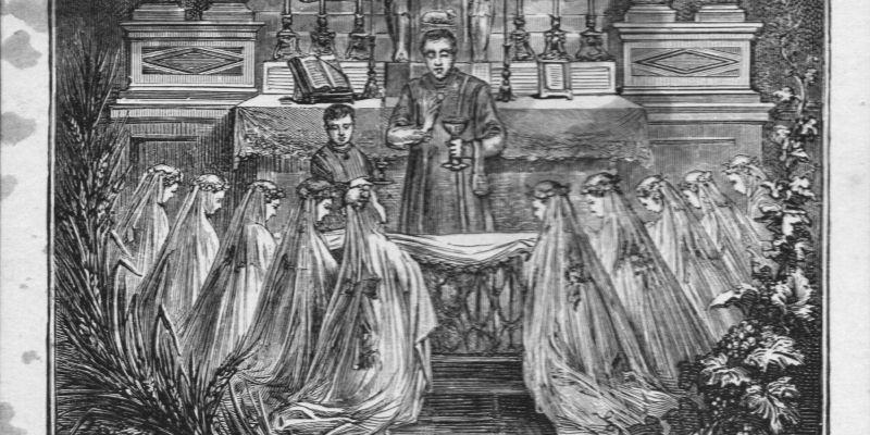 Recordatori de la primera comunió d’Ignàsia Dachs. Encara que la tinta s’ha esvaït força, s’hi pot llegir que fou celebrada el 15 de maig de 1874 a l’església de Sant Pere de Rubí.. FONT: Enric Escofet i Xercavins