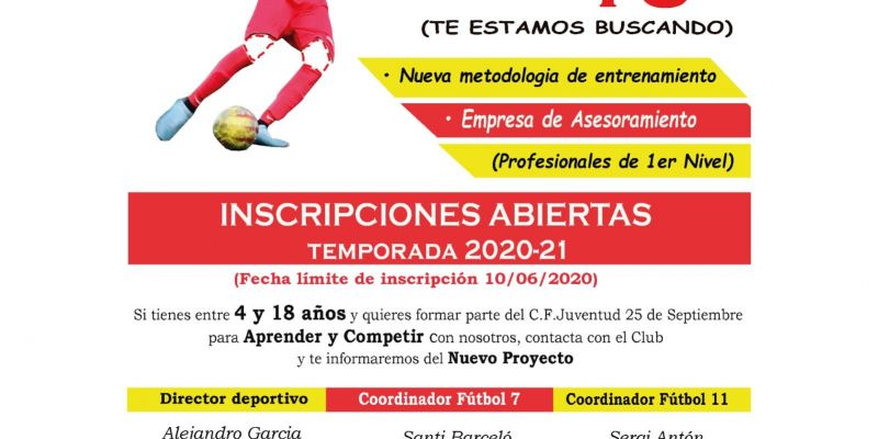 Cartell de l'obertura d'inscripcions del club "Juventud 25 de Septiembre" per la temporada 2020/21. FOTO: JUV. 25 de Septiembre