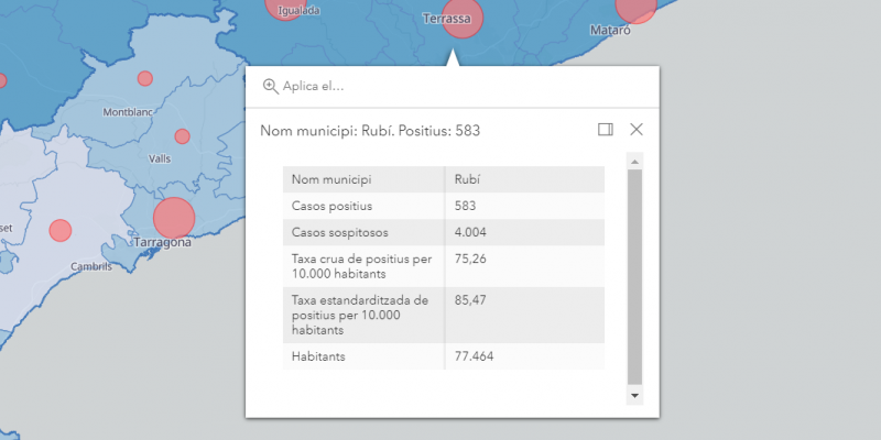 Mapa per municipis amb casos de coronavirus del Departament de Salut