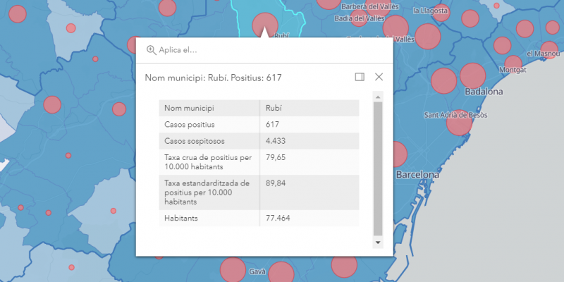 Mapa interactiu del Departament de Salut amb els casos de Covid-19 a Rubí a data 29 de juliol