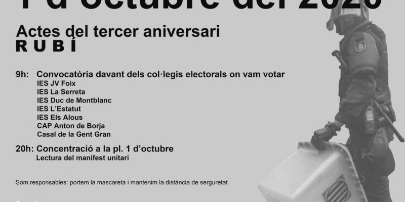 Programa dels actes previstos per commemorar l'1 d'octubre a Rubí. 