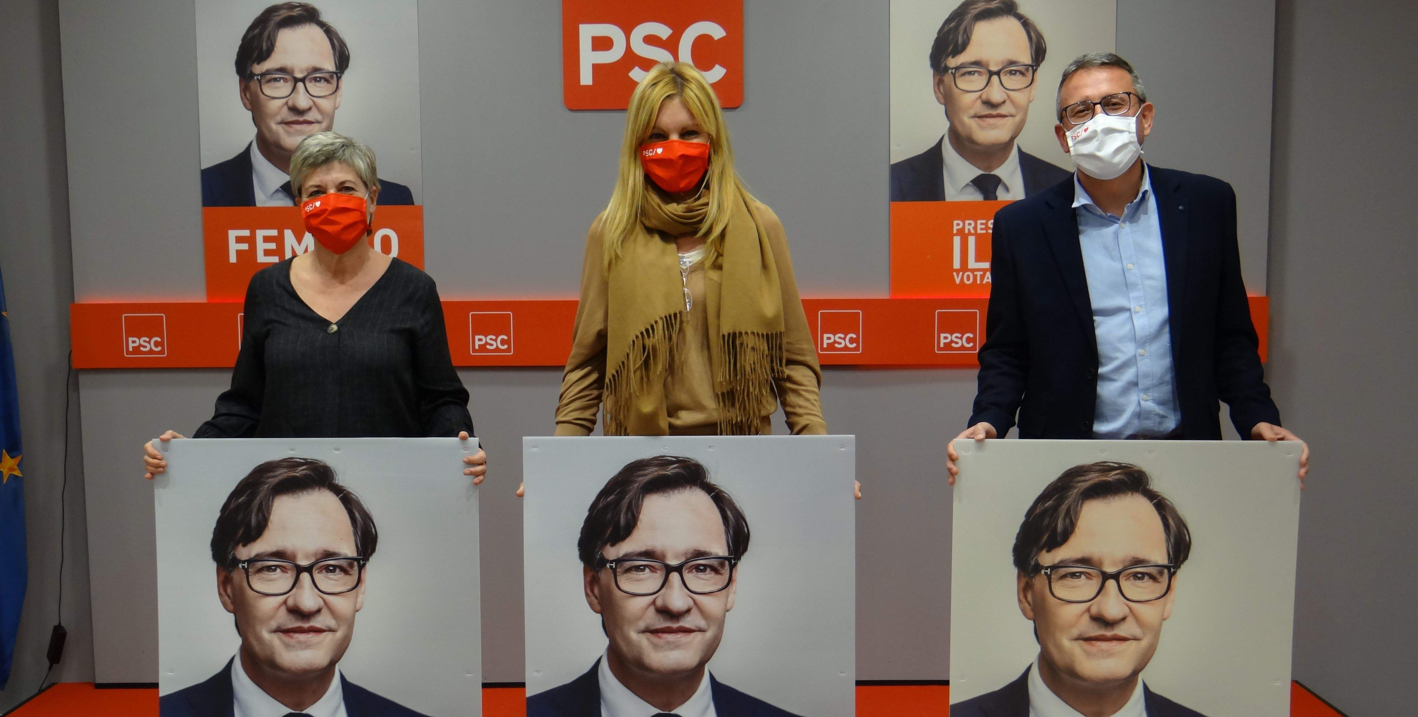 Eva Candela, regidora a l’ajuntament de Terrassa, l'alcaldessa de Rubí i Rafael Güeto, en la roda de premsa del PSC aquest dijous. FOTO: Cedida