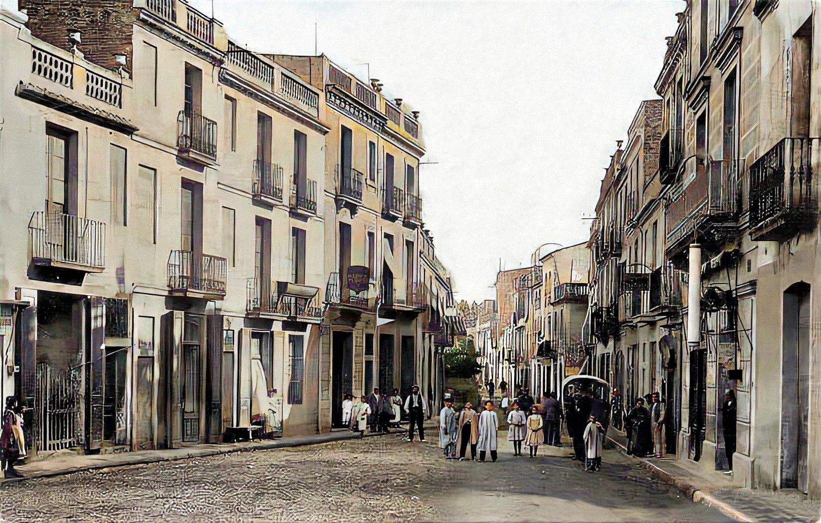 Carrer San Bonaventura en el 1910, l'actual carrer Maximí Fornés de Rubí. Postal acolorida per Josep Cornella