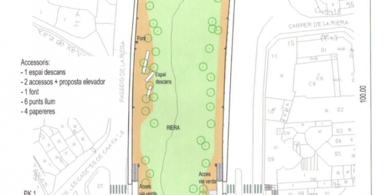 Per accedir als camins del costat de la riera s’hauria de fer a través de rampes o escales. FONT: Projecte de Víctor de la Torre