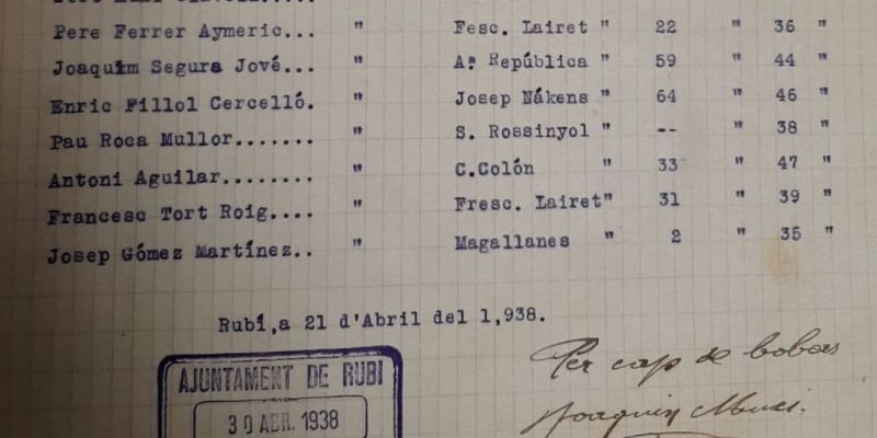 Document signat per l'Ajuntament de Rubí en el 1938 amb la relació de Bombers de la ciutat. FOTO: Twitter de Bombers en guerra 