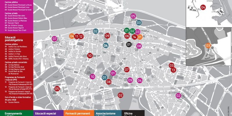 Plànol escoles bressol, centres d’educació postobligatòria i altres ensenyaments. FONT: Ajuntament de Rubí 