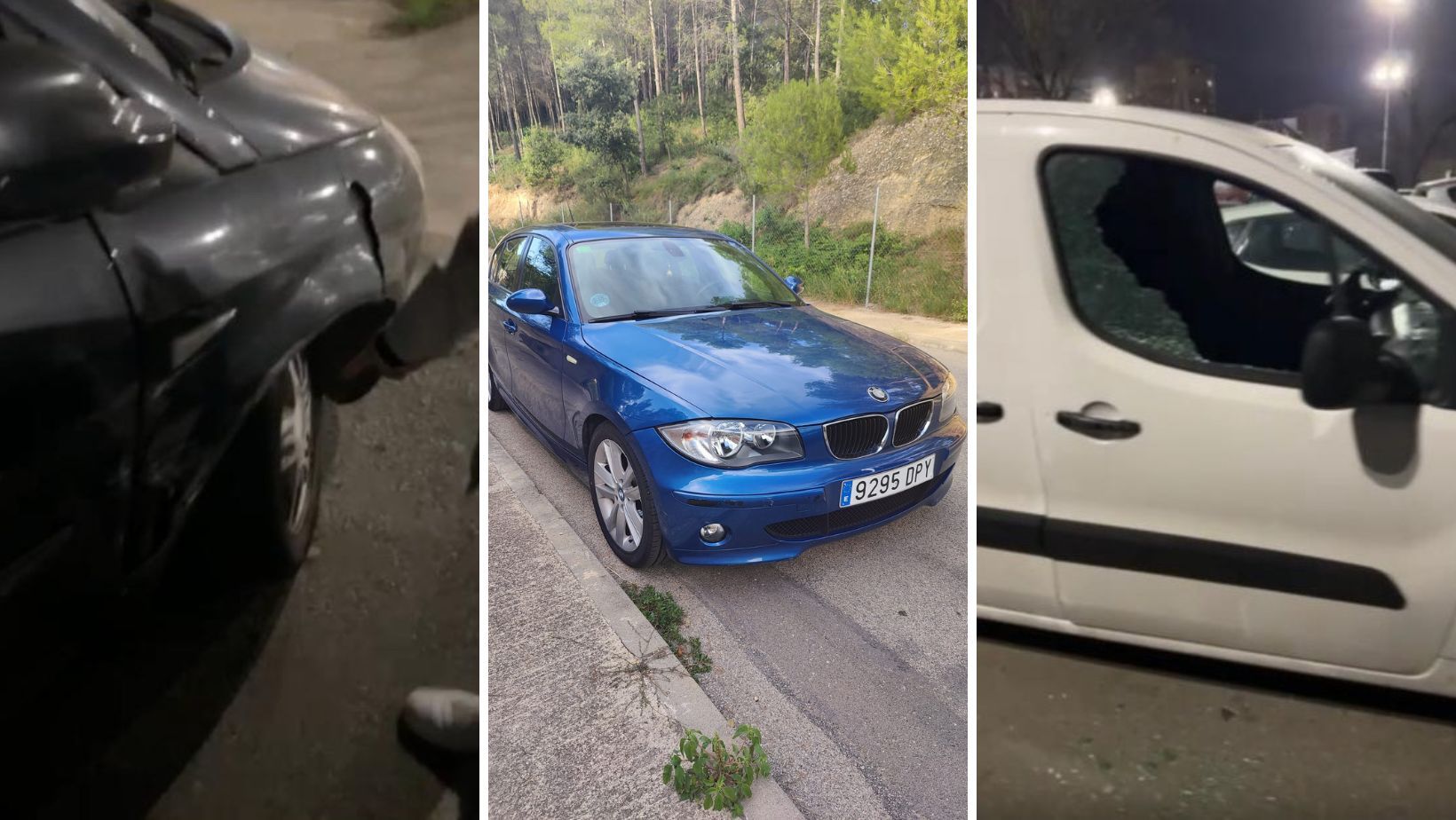 D'esquerra a dreta, el cotxe amb l'interior regirat i un cop a la part davantera, el BMW sostret i la furgoneta amb els vidres rebentats. FOTO: Cedida