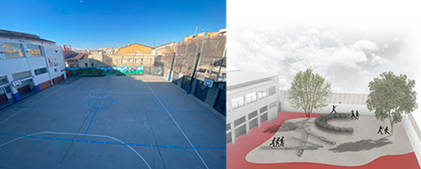 A l'esquerra, l'actual pati de l'escola i a la dreta com serà el nou pati. FOTO: Cedida