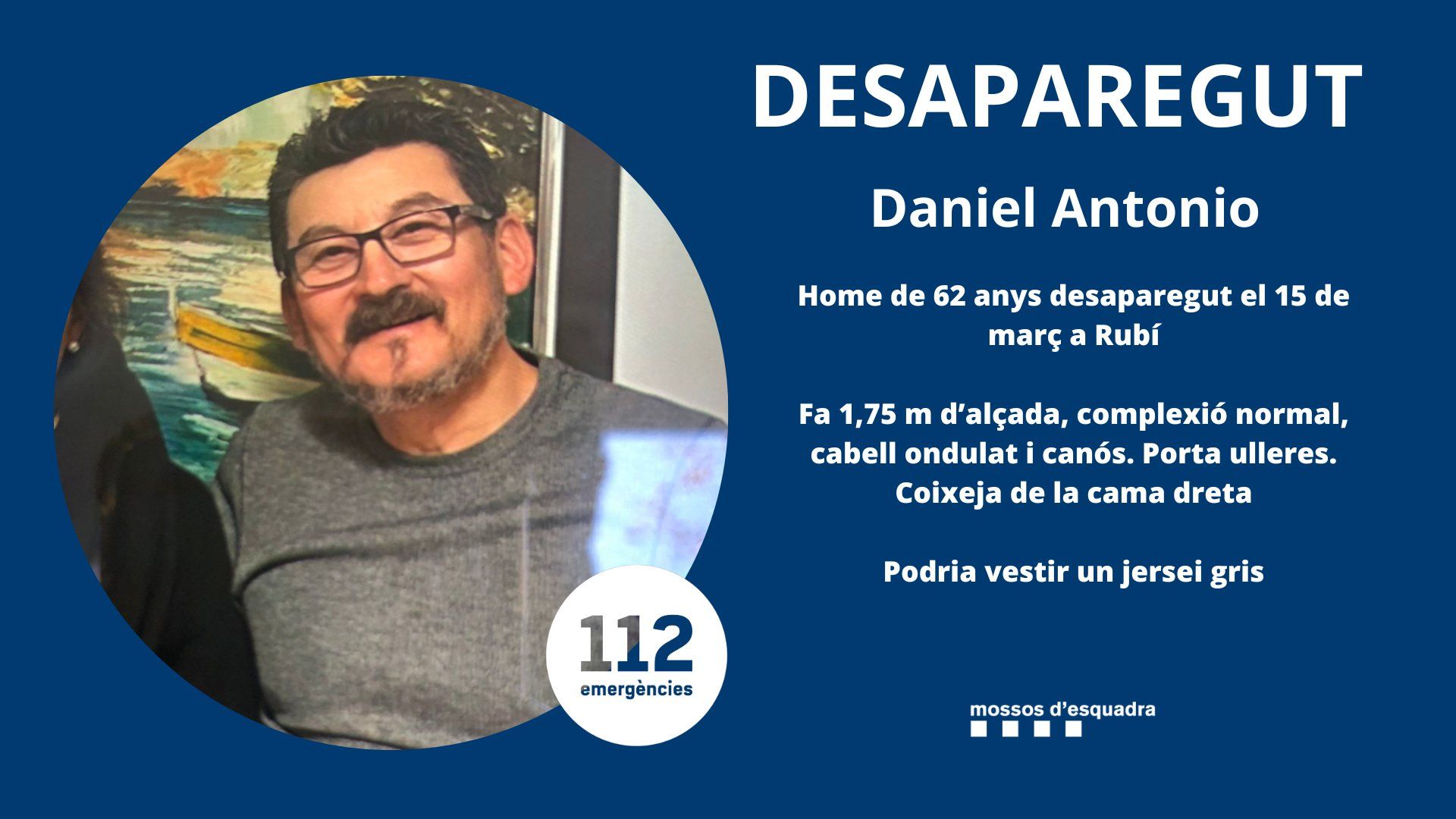El Daniel Antonio, de 62 anys, va desaparèixer el divendres 15 de març a Rubí. Foto: Mossos d'Esquadra
