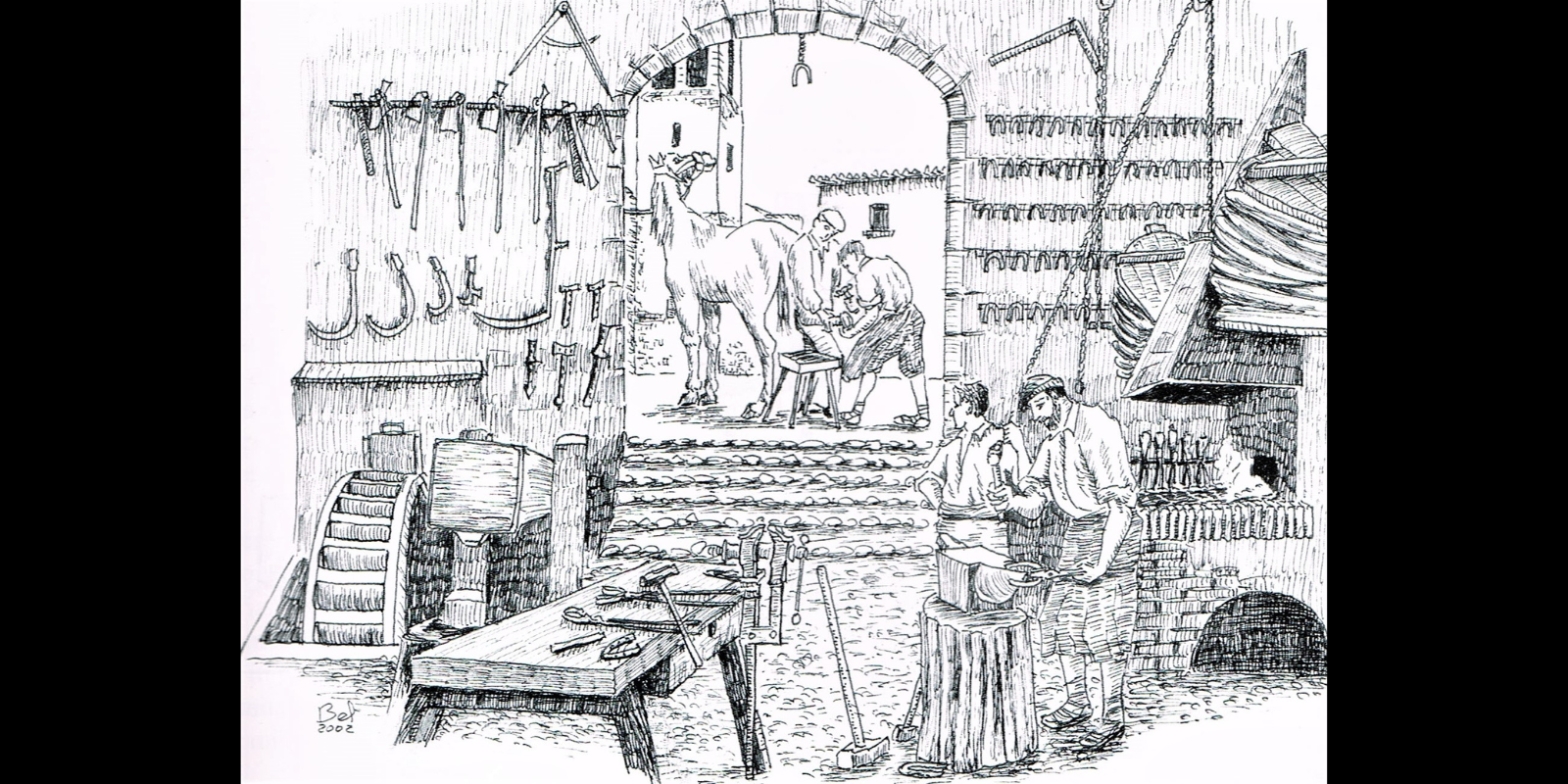L’antiga ferreria comunal de Rubí, 1800.  Il·lustració de Pere Bel