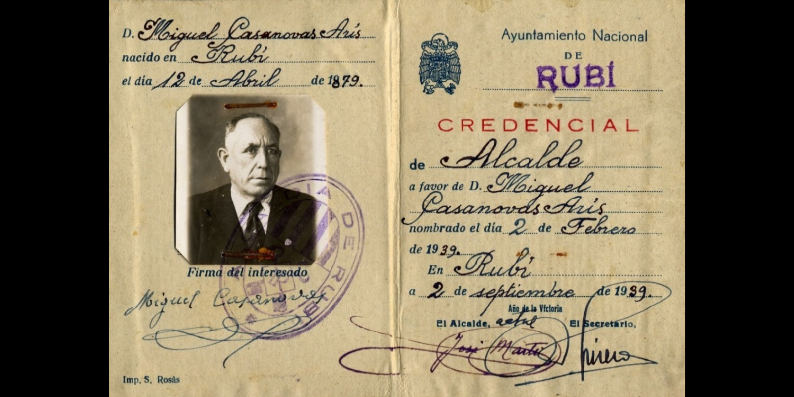 Credencials de Miquel Casanovas, el primer alcalde del franquisme a Rubí