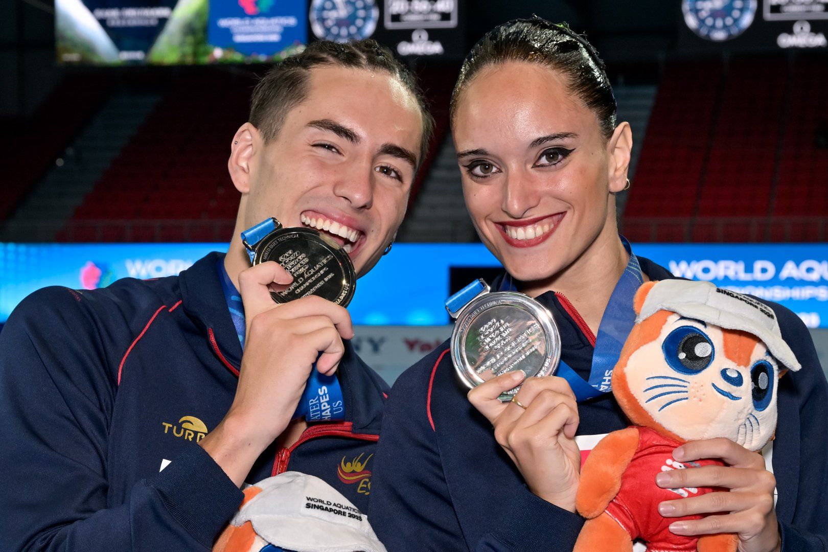 Plata per a Dennis González en la modalitat de duet mixt tècnic al Mundial. FOTO: RFEN (Giorgio Scala)