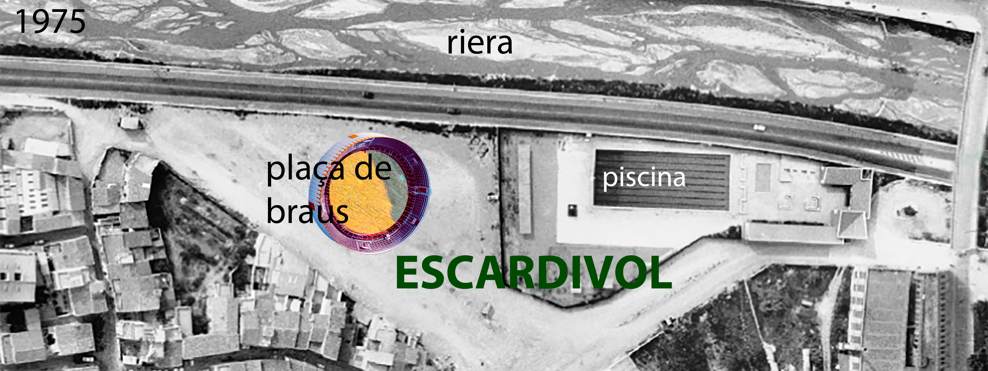 Emplaçament aproximat de la plaça de braus portàtil, sobre fotografia aèria de 1975. Una ocupació provisional de zona verda que va tenir principi i final.