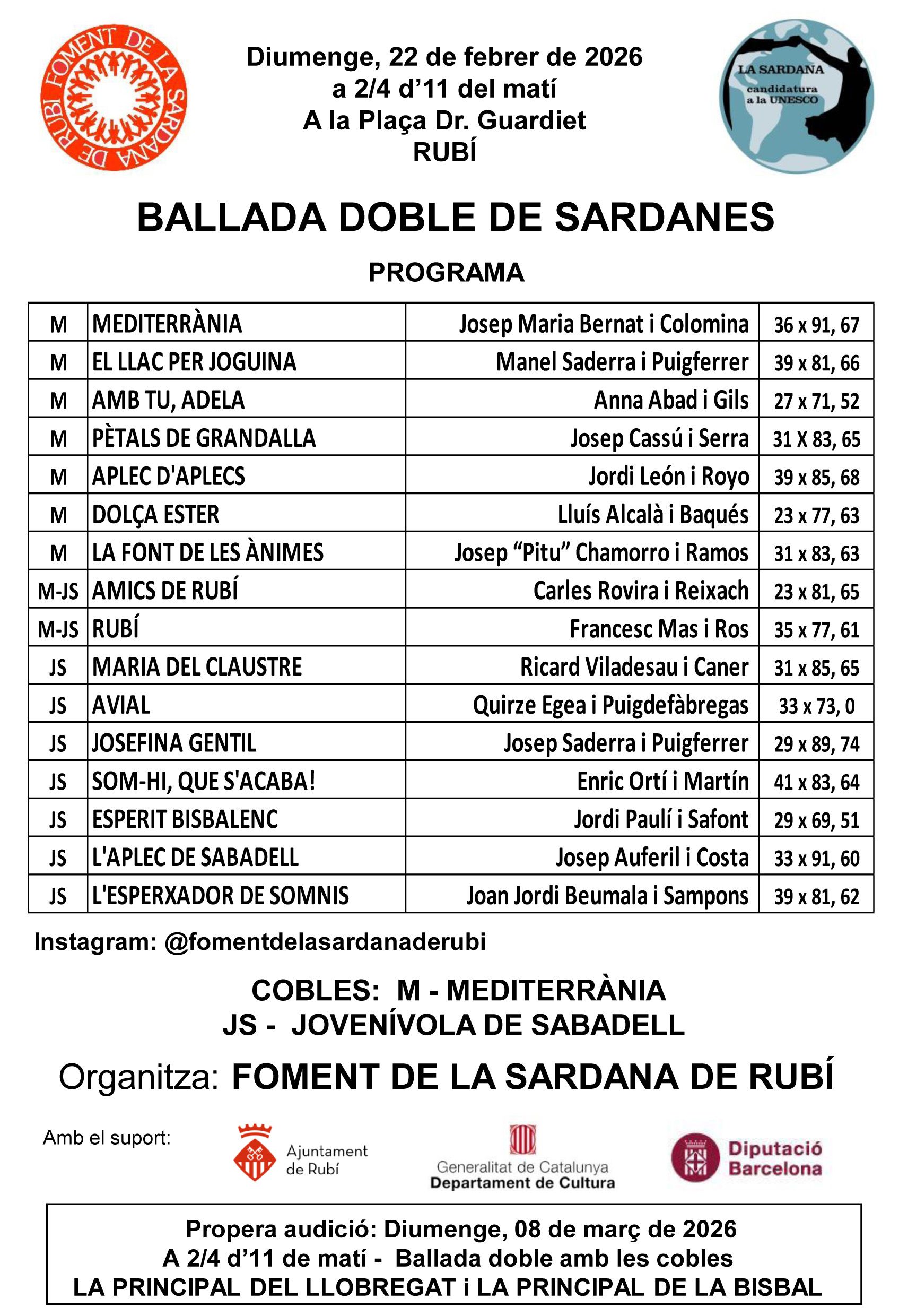Rubí acollirà una ballada doble de sardanes el 22 de febrer
