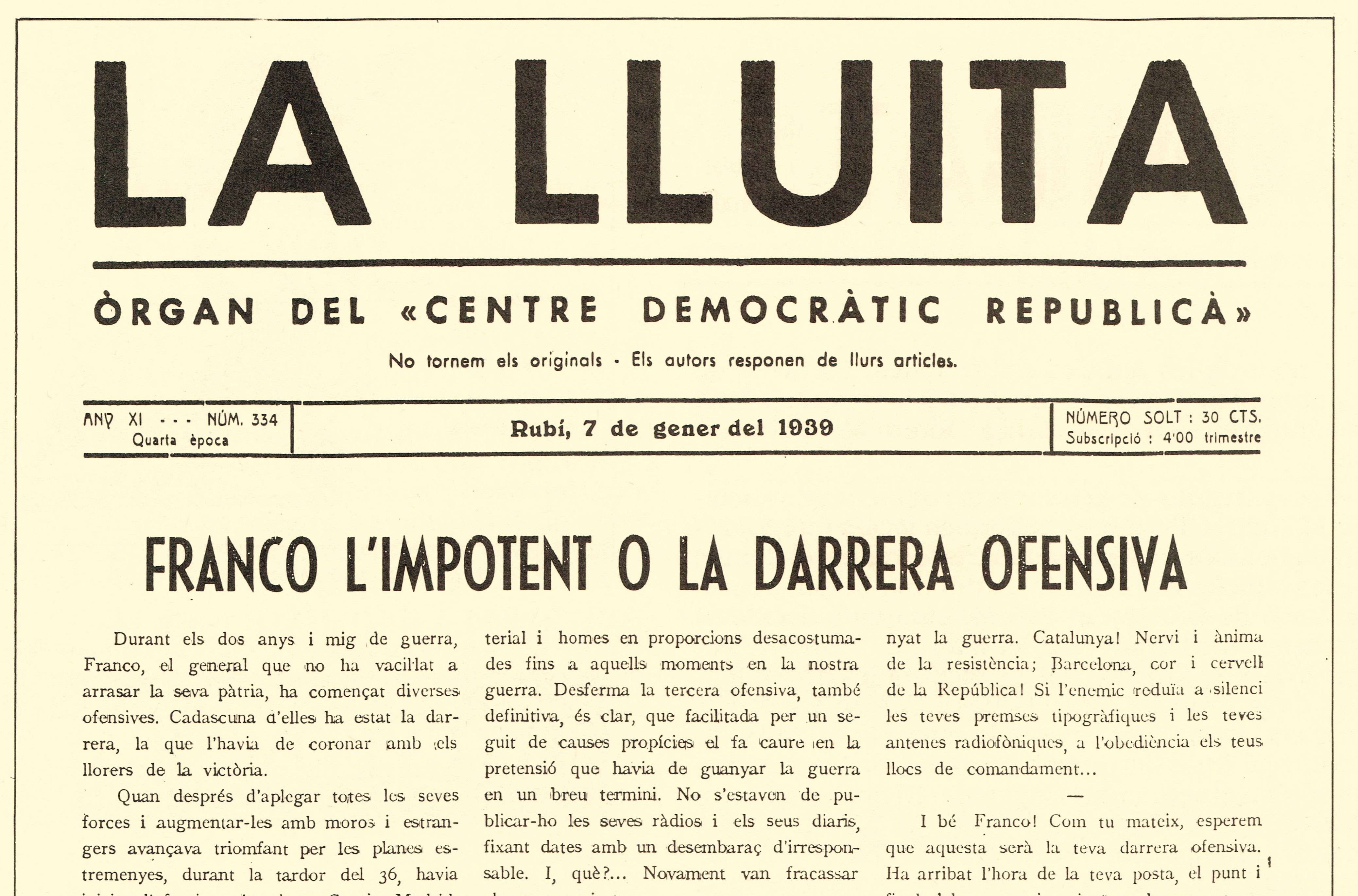 L’últim número de “La Lluita”, gener de 1939