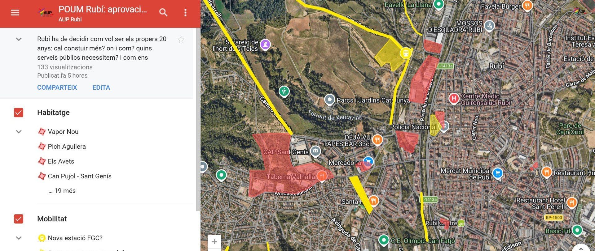 L'AUP ha fet un mapa amb tots els punts que considera conflinctius del nou POUM FOTO: AUP Rubí
